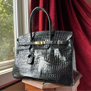 Shiny Black Porosus Crocodile Vintage Handbag with Gold Hardware, 35cm